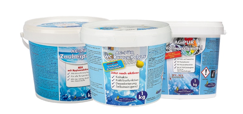 AQUA CLEAN Probierset 3tlg. AC PUR Zauberpulver 1kg, AC-PUR Vollwaschmittel 1kg & AC WC Power Pulver 1kg