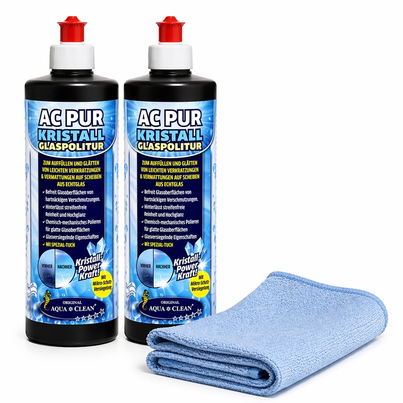 Zwei Flaschen AC PUR Kristall Glaspolitur mit Mikrofasertuch zur Entfernung von Kratzern, Schlieren und Verschmutzungen auf Glasoberflächen.