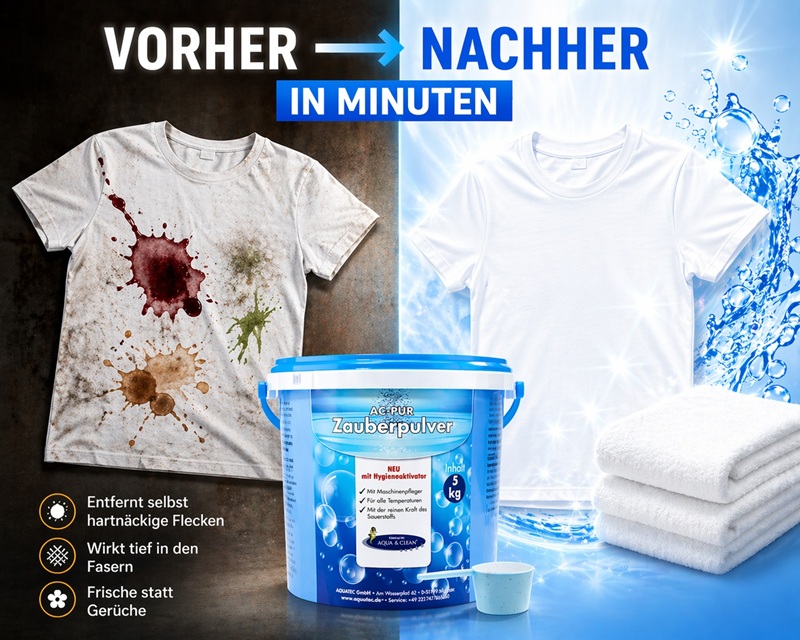 Vorher-Nachher Vergleich eines stark verschmutzten T-Shirts und sauberer Wäsche nach Anwendung von AC PUR Zauberpulver mit Sauerstoffkraft.