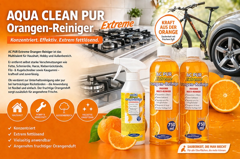 Infografik zum AC PUR Extreme Orangen-Reiniger mit zwei 750-ml-Flaschen und 250-ml-Sprühflasche. Kraftvoll gegen Fett, Klebereste und Schmutz.
