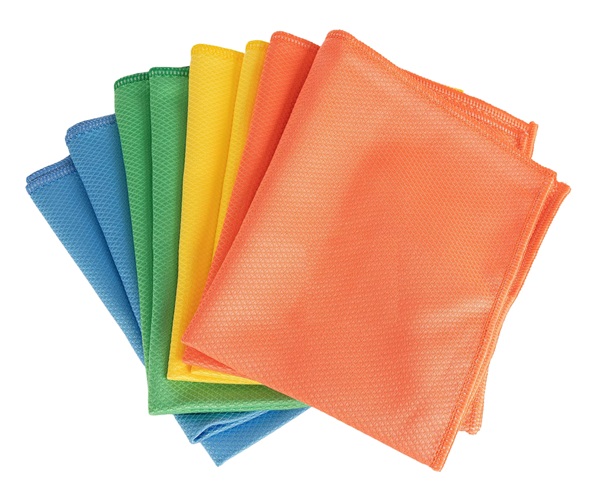 Acht bunte AQUA CLEAN Kristall Hochglanz Glas- und Fenstertücher in Blau, Grün, Gelb und Orange, fächerförmig angeordnet.