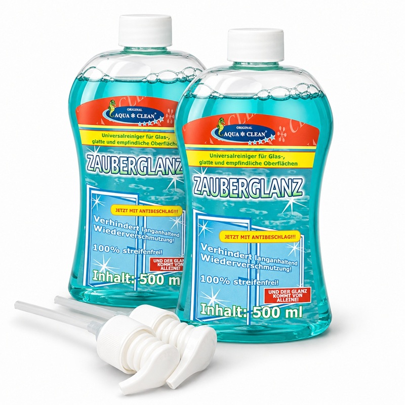 AQUA CLEAN Zauberglanz Glasreiniger im 2x500ml Set mit Pumpspender für streifenfreien Glanz