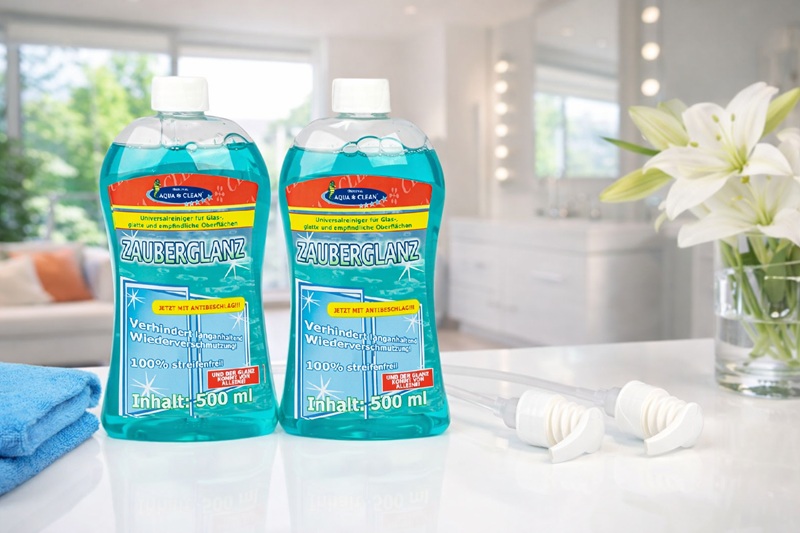 Zwei Flaschen AQUA CLEAN Zauberglanz Fensterreiniger à 500 ml auf einer hellen Badezimmerablage, daneben Mikrofasertuch und Aufsatz für streifenfreien Glanz