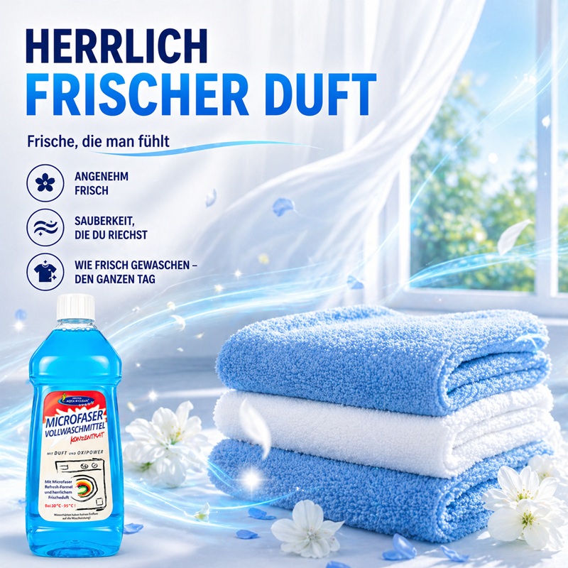 Mikrofaser Vollwaschmittel mit frischem Duft neben sauberen, gefalteten Handtüchern am offenen Fenster – sorgt für angenehme Frische, saubere Wäsche und langanhaltenden Duft