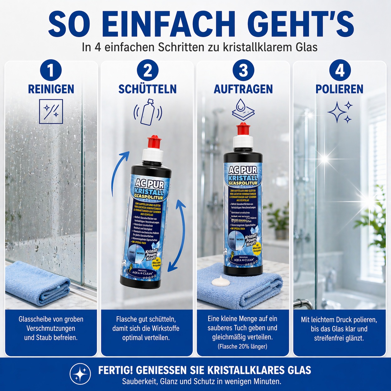 Schritt-für-Schritt Anleitung zur Glaspolitur: Glas reinigen, Flasche schütteln, Produkt auftragen und Oberfläche polieren für streifenfreien Glanz.