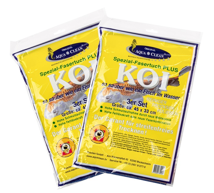 Zwei Packungen AQUA CLEAN KOI Spezial-Fasertuch PLUS mit jeweils 3 Mikrofasertüchern, insgesamt 6 Tücher in der Größe 45 × 33 cm.