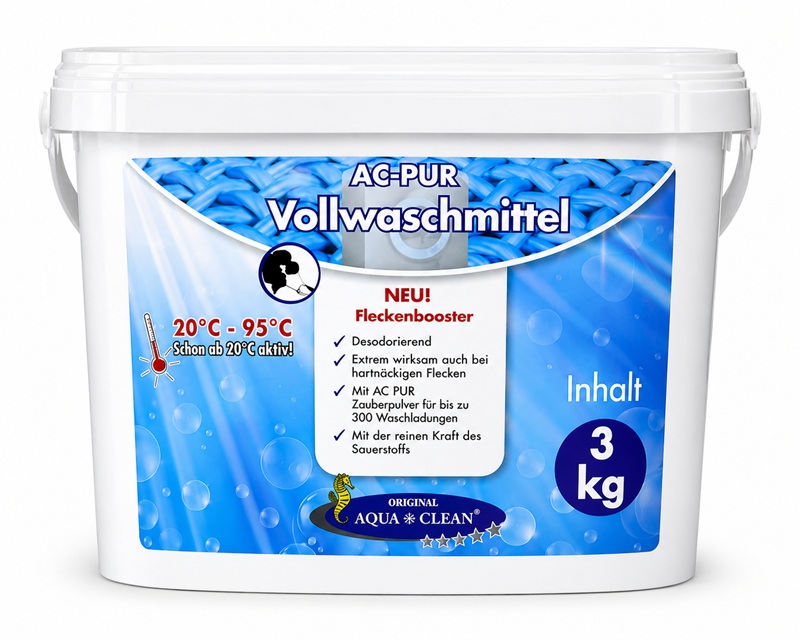 Eimer AC PUR Vollwaschmittel 3 kg mit Fleckenbooster, geeignet für alle Textilien, entfernt hartnäckige Flecken und wirkt bereits ab 20 bis 95 Grad