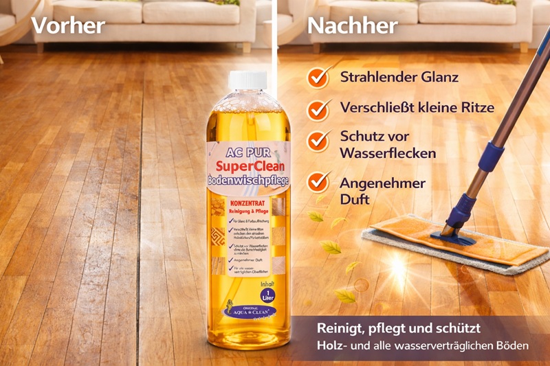 Vorher-Nachher-Darstellung eines Holzbodens mit AC PUR SuperClean Bodenwischpflege. Links matter Boden, rechts glänzend gereinigter und gepflegter Holzfußboden mit Wischmopp
