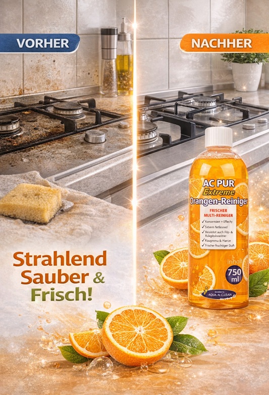Vorher-Nachher-Grafik des AC PUR Extreme Orangen-Reinigers 750 ml. Zeigt ein stark verschmutztes Kochfeld und die glänzend saubere Oberfläche nach der Reinigung.