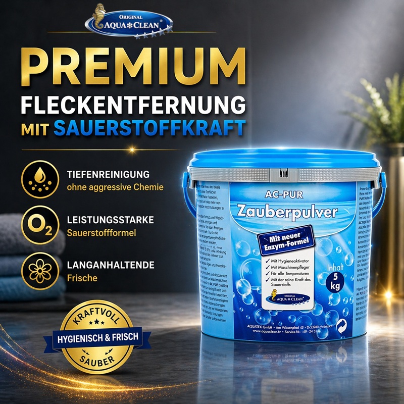 Eimer AC PUR Zauberpulver Premium mit Sauerstoffkraft zur Fleckenentfernung, sorgt für hygienische Sauberkeit und langanhaltende Frische bei Textilien.