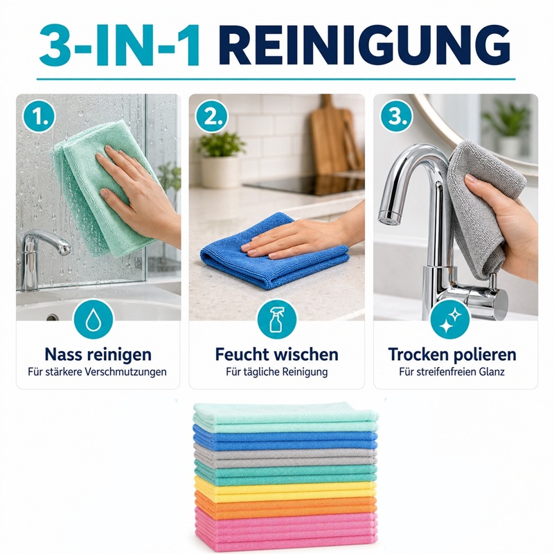 AQUA CLEAN Kristall Ultimo Mikrofaser Reinigungstüchern. Gezeigt werden drei Anwendungen: nass reinigen, feucht wischen und trocken polieren. Unten ist ein Stapel farbiger Reinigungstücher abgebildet.