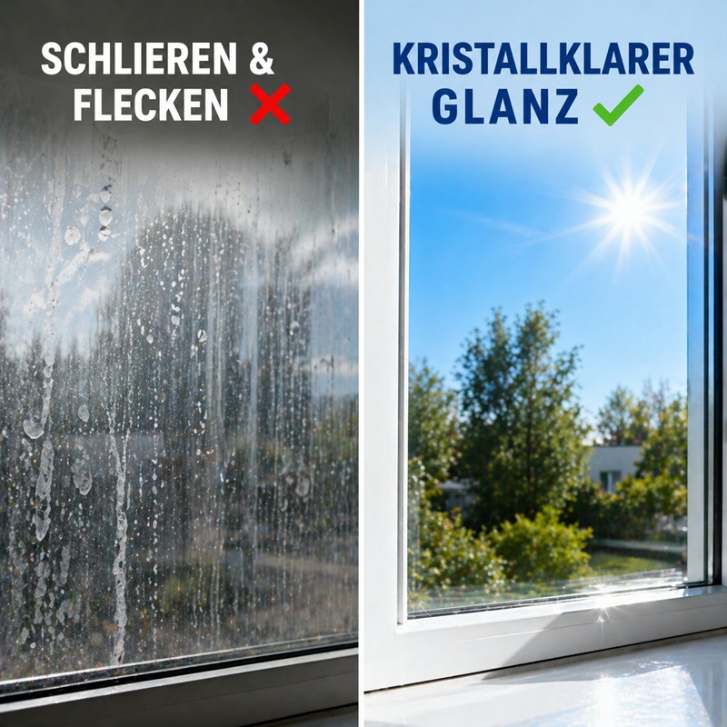 AQUA CLEAN Zauberglanz Vorher Nachher Vergleich mit streifenfreiem und kristallklarem Glanz auf Fenstern