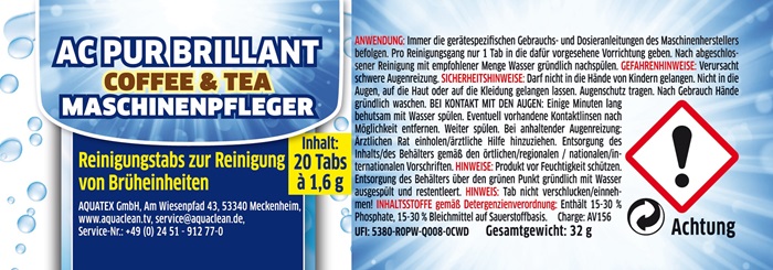AC PUR BRILLANT Coffee & Tea Maschinenpfleger mit 20 Reinigungstabs zur Reinigung von Brüheinheiten für Kaffee- und Teemaschinen