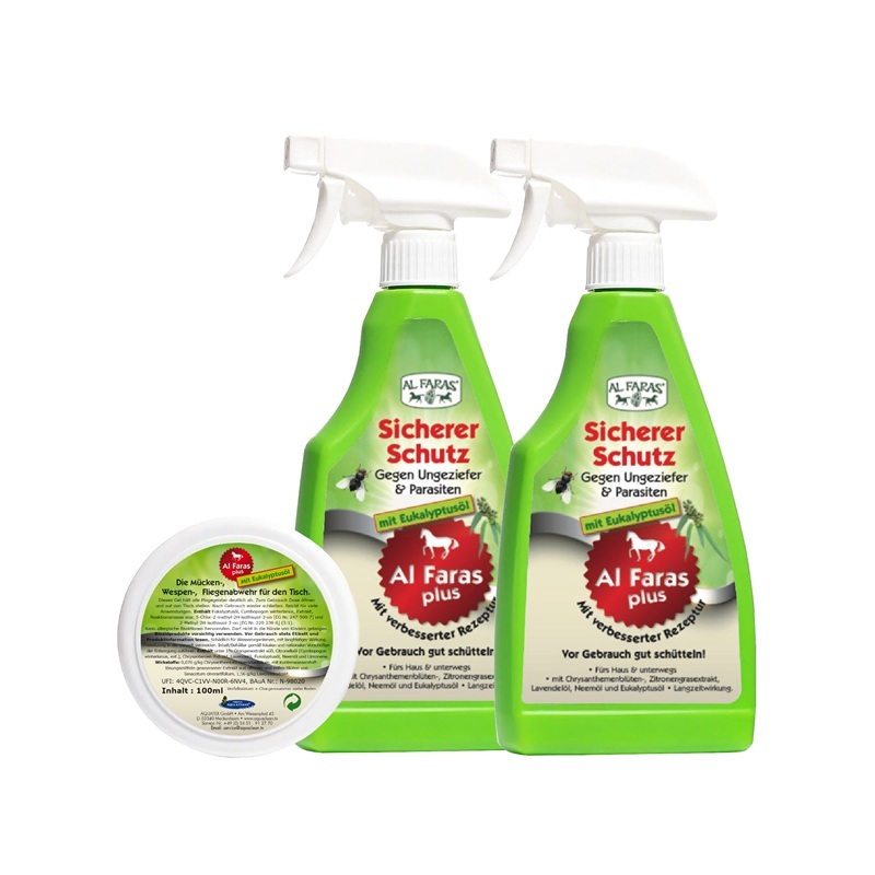 AL FARAS plus Insektenschutz Set mit zwei grünen 500-ml-Sprühflaschen mit Eukalyptusöl und einem 100-ml-Tisch-Tiegel gegen Insekten.