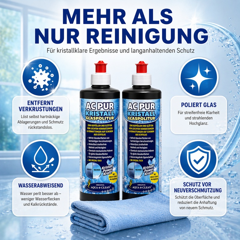 AC PUR Kristall Glaspolitur mit Mikrofasertuch zeigt Vorteile wie Entfernung von Verkrustungen, wasserabweisenden Effekt, Hochglanz und Schutz vor Neuverschmutzung.