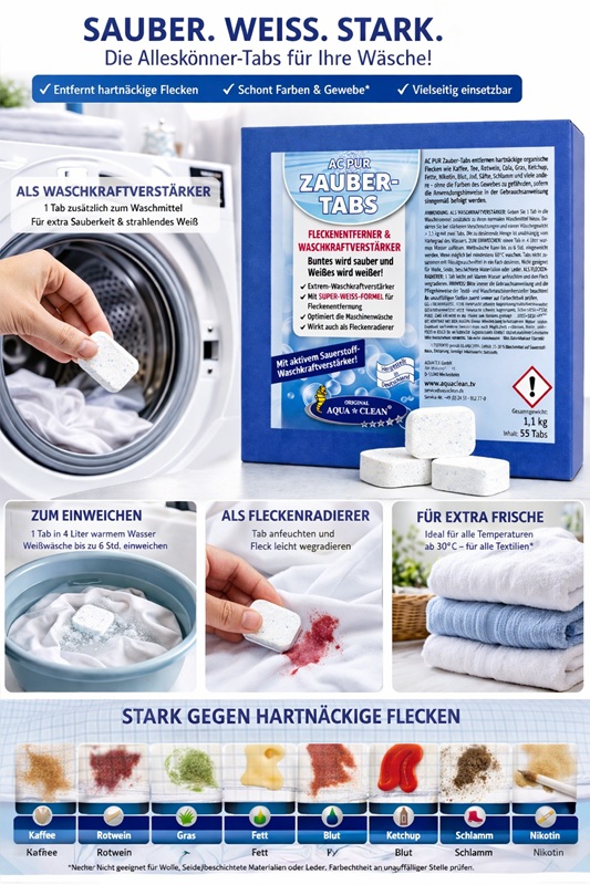 AC PUR Zauber-Tabs zur Fleckenentfernung und Waschkraftverstärkung mit Anwendungsmöglichkeiten für Waschmaschine, Einweichen und Fleckenradierer