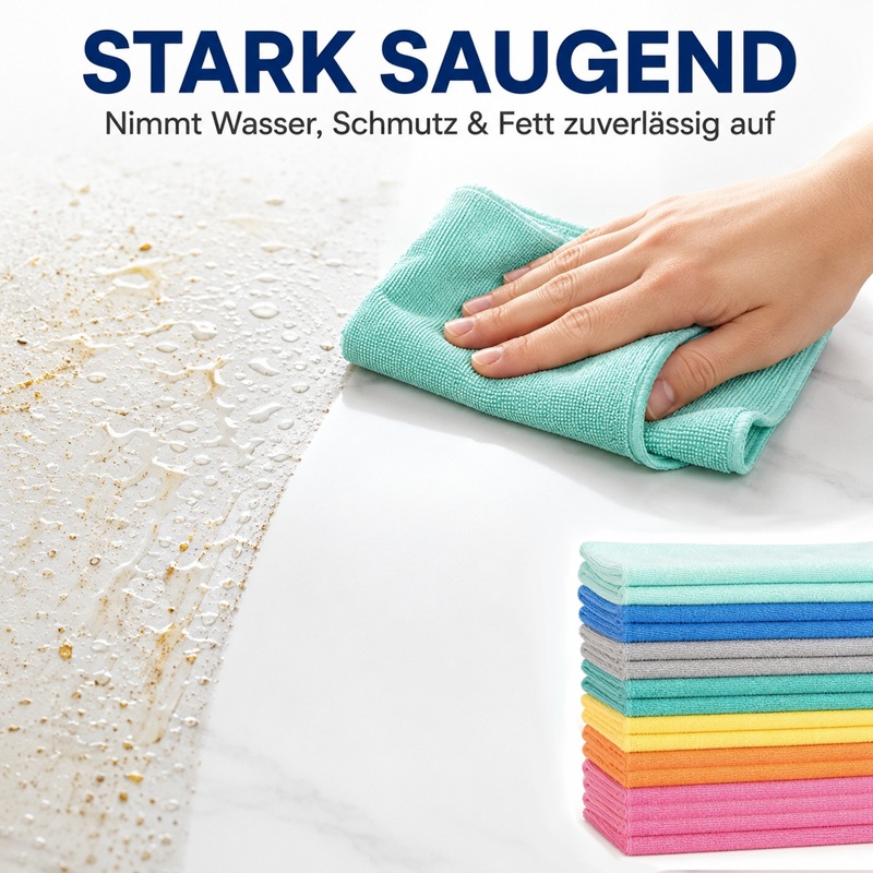 AQUA CLEAN Kristall Ultimo Mikrofaser Reinigungstüchern. Ein türkisfarbenes Tuch nimmt Wasser, Schmutz und Fett von einer Oberfläche auf. Rechts unten ist ein Stapel farbiger Reinigungstücher abgebildet.