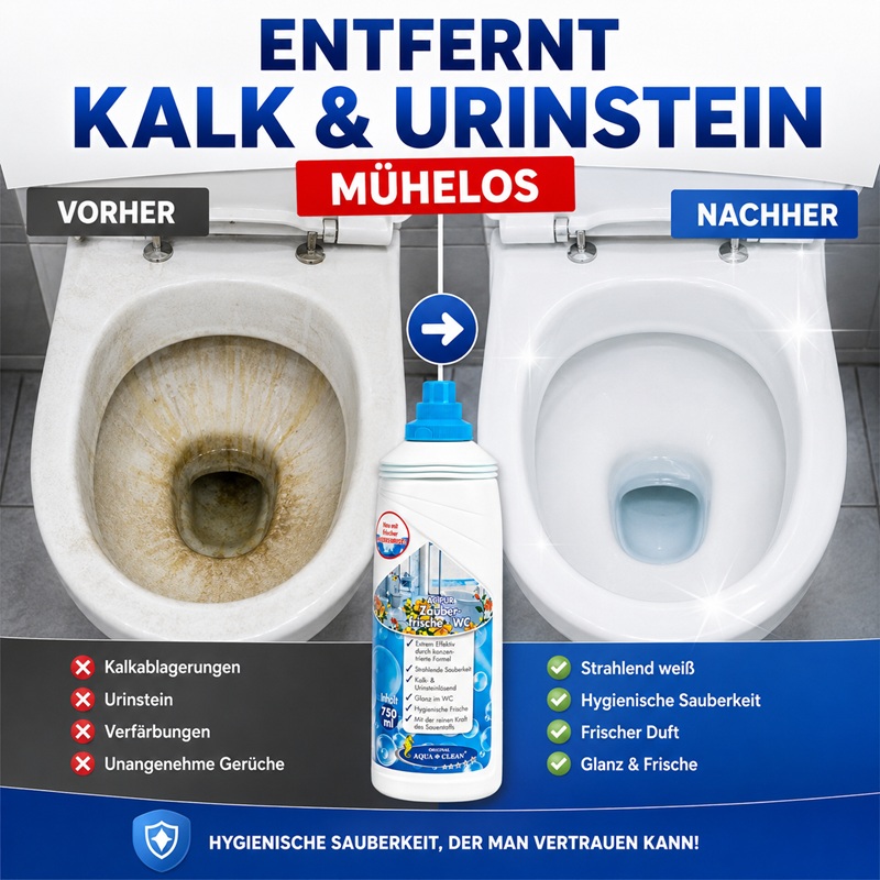 AQUA CLEAN PUR Zauberfrische WC entfernt Kalk und Urinstein mühelos im Vorher Nachher Vergleich