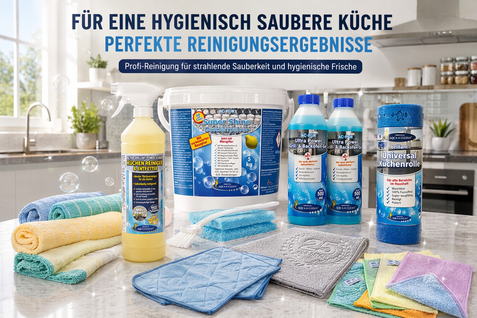 AQUA CLEAN Küchenreinigungsprodukte mit Geschirrpulver, Fettlöser, Grill- und Backofenreiniger sowie verschiedenen Mikrofasertüchern auf einer Küchenarbeitsplatte.