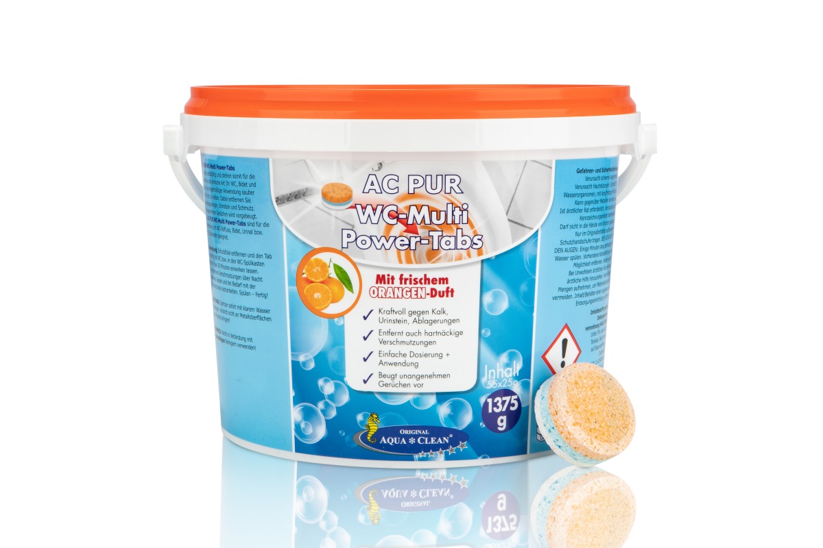 AQUA CLEAN PUR WC Multi-Power-Tabs kraftvoll gegen Kalk, Urinstein & Ablagerungen, 55 Stk. Orange 