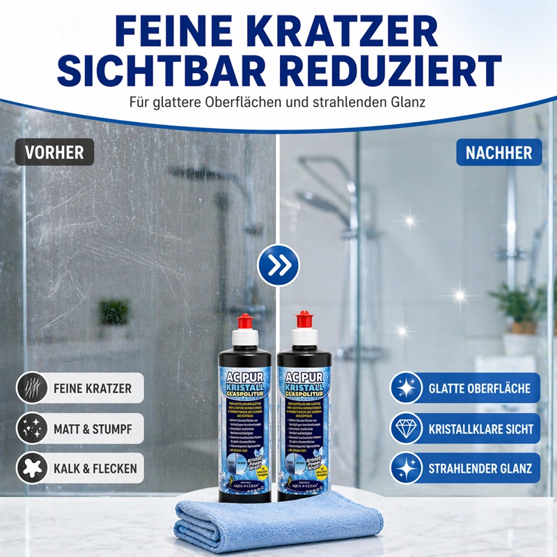Vorher-Nachher Vergleich einer Duschglasfläche: matte Oberfläche mit feinen Kratzern, Kalk und Flecken wird durch Glaspolitur glatt, klar und glänzend.
