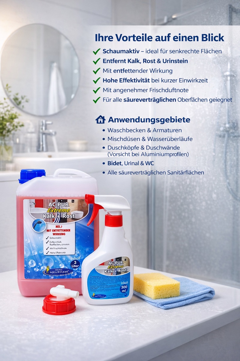 AC PUR Extreme Kalk- und Rostreiniger im modernen Badezimmer – leistungsstarker Sanitärreiniger gegen Kalk, Rost und Urinstein, ideal für Waschbecken, Dusche, WC und Armaturen, mit Sprühflasche und 3L Kanister.