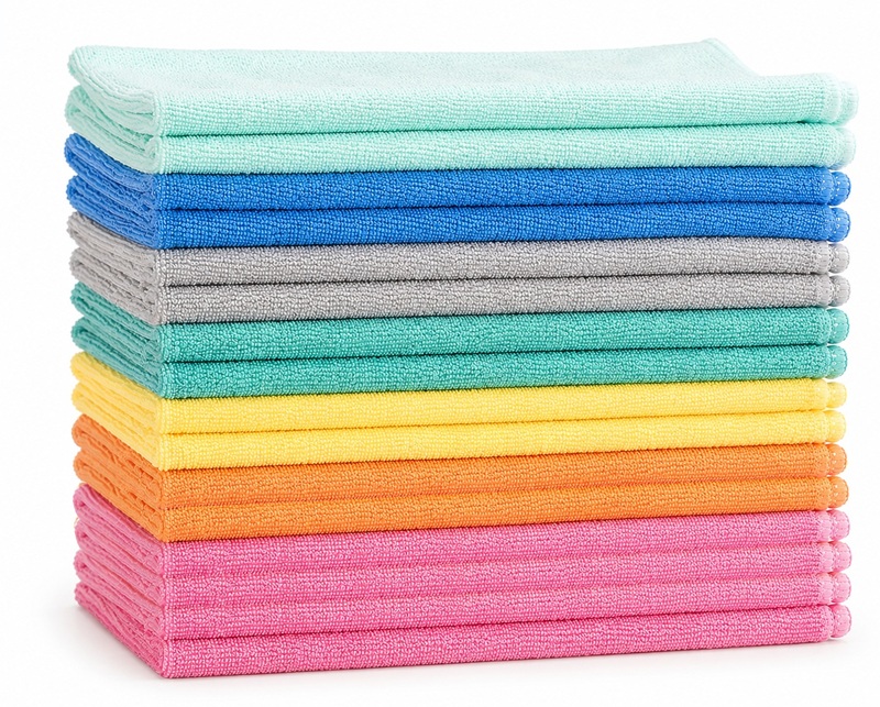 Stapel mit 16 farbigen AQUA CLEAN Kristall Ultimo Mikrofaser Reinigungstüchern auf weißem Hintergrund. Die Tücher sind in verschiedenen Farben sortiert und eignen sich zur Reinigung glatter Oberflächen.