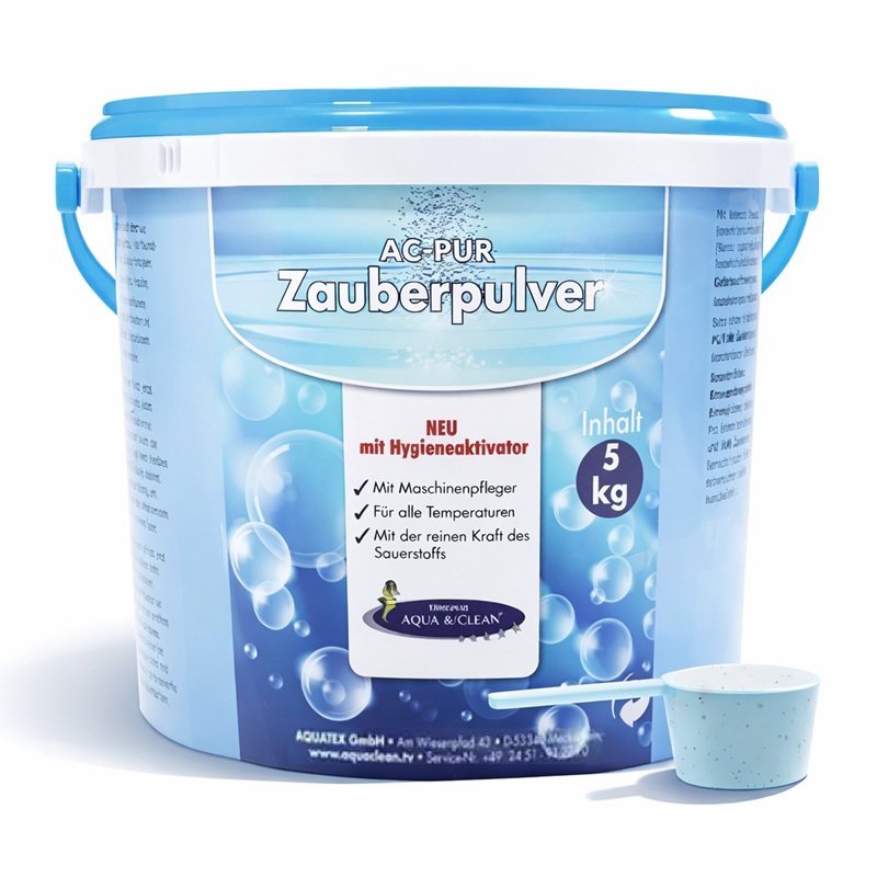 AC-PUR Zauberpulver 5 kg Eimer mit Hygieneaktivator und Messlöffel, blaues Reinigungsprodukt mit Schatten auf weißem Hintergrund