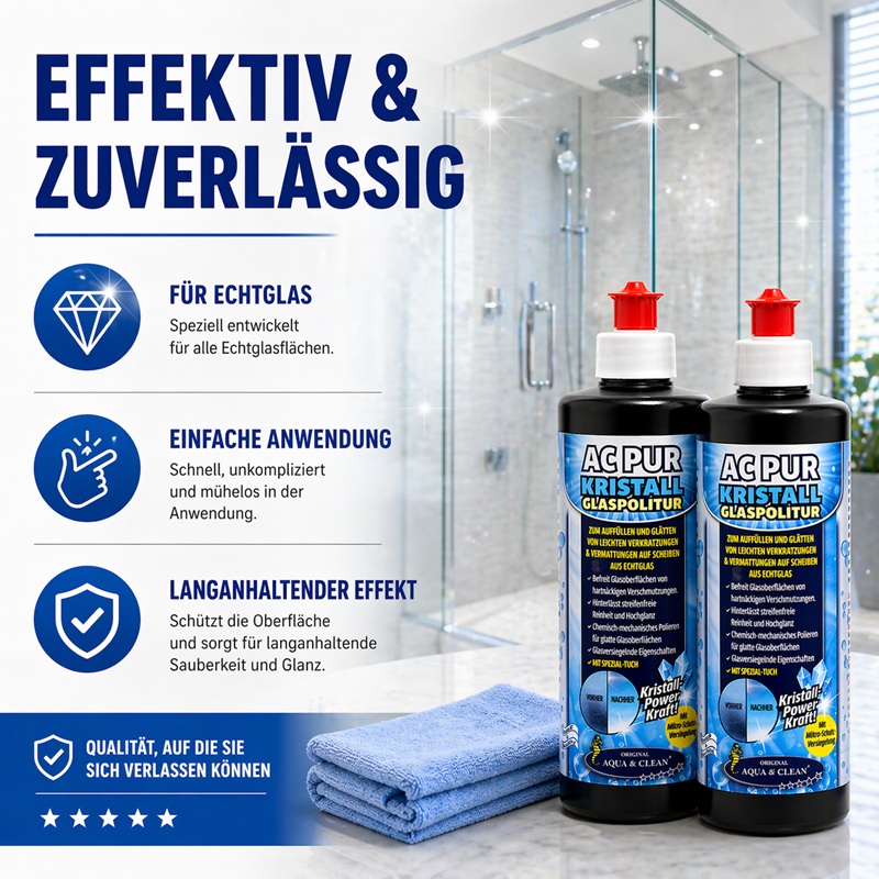 Glaspolitur Set mit Mikrofasertuch im Badezimmer vor einer Duschkabine, zeigt effektive Reinigung, einfache Anwendung und langanhaltenden Schutz für Glasflächen.