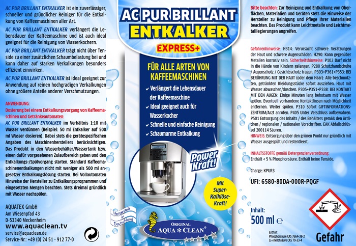 AC PUR BRILLANT Entkalker Express Plus 500 ml für Kaffeemaschinen und Wasserkocher, kraftvoll gegen Kalkablagerungen und zur Verlängerung der Gerätelebensdauer Etikett