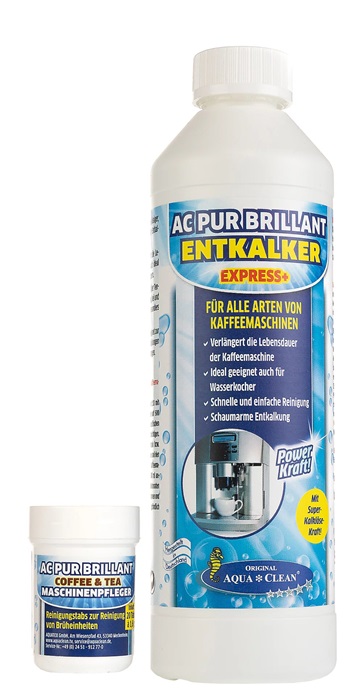 AC PUR Brillant Entkalker Express+ mit Coffee & Tea Maschinenpfleger Reinigungstabs für Kaffeemaschinen auf weißem Hintergrund.