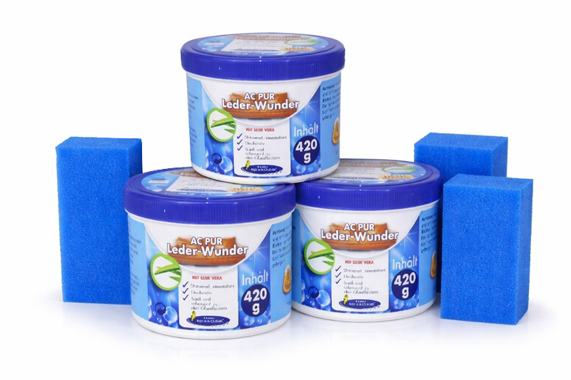AC PUR Leder-Wunder Lederpflege 420g mit Schwamm – reinigt, pflegt und imprägniert Leder für Schuhe, Jacken und Möbel