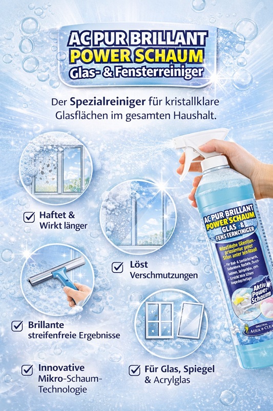 AC PUR Brillant Power Schaum Glas- und Fensterreinigers in Sprühflasche. Der Reiniger sorgt für streifenfreie Ergebnisse auf Glas, Fenstern, Spiegeln und Acrylglas und löst Verschmutzungen mit innovativer Mikro-Schaum-Technologie