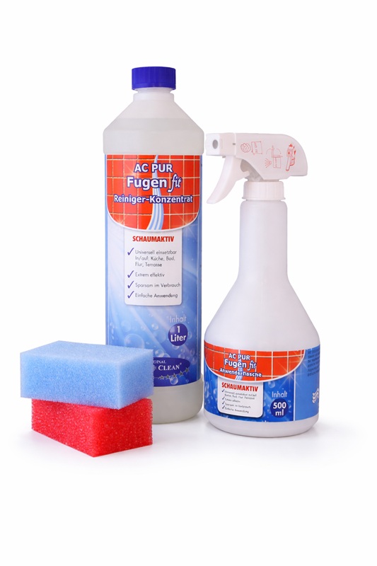 AC PUR Fugen fit Reiniger Set 1L Konzentrat und 500 ml Spray mit Schwamm – entfernt Schmutz aus Fliesenfugen in Bad und Küche effektiv