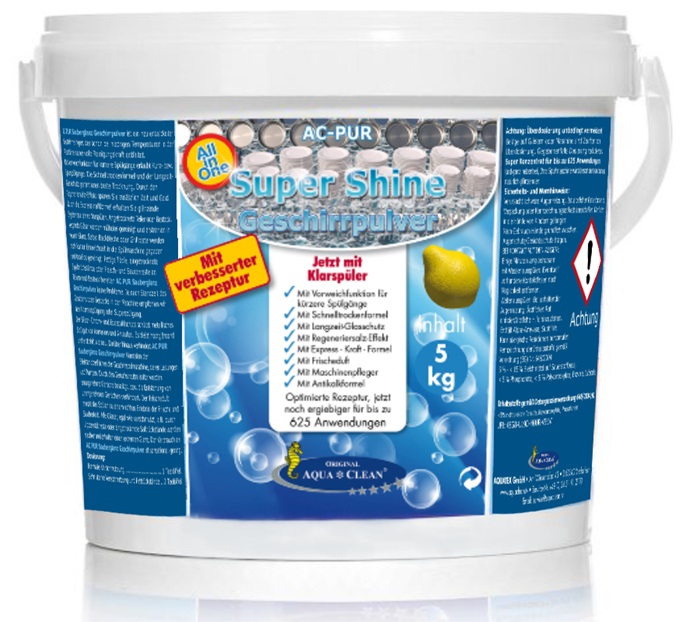 AC-PUR Super Shine Geschirrpulver im 5-kg-Eimer mit Klarspüler, All-in-One-Funktion und Gefahrhinweis auf weißem Hintergrund.