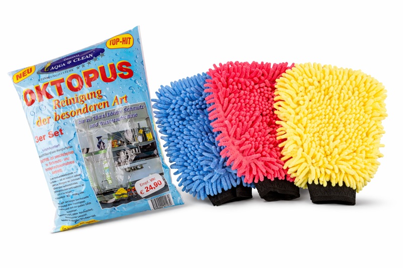 AQUA CLEAN Oktopus Handschuh 3er Set im Lifestyle-Bild bei der Anwendung in Küche, Haushalt und KFZ-Reinigung mit hoher Schmutz- und Feuchtigkeitsaufnahme