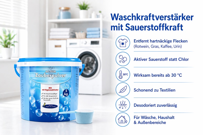 AC PUR Zauberpulver Waschkraftverstärker neben Waschmaschine entfernt Flecken mit aktivem Sauerstoff, wirkt ab 30 Grad und sorgt für frische Wäsche.
