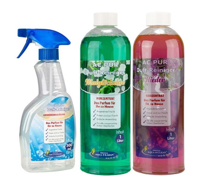 AC PUR Duft-Reiniger Set mit je 1 Liter Flieder- und Maiglöckchen-Konzentrat sowie einer 500-ml-Sprühflasche auf weißem Hintergrund.