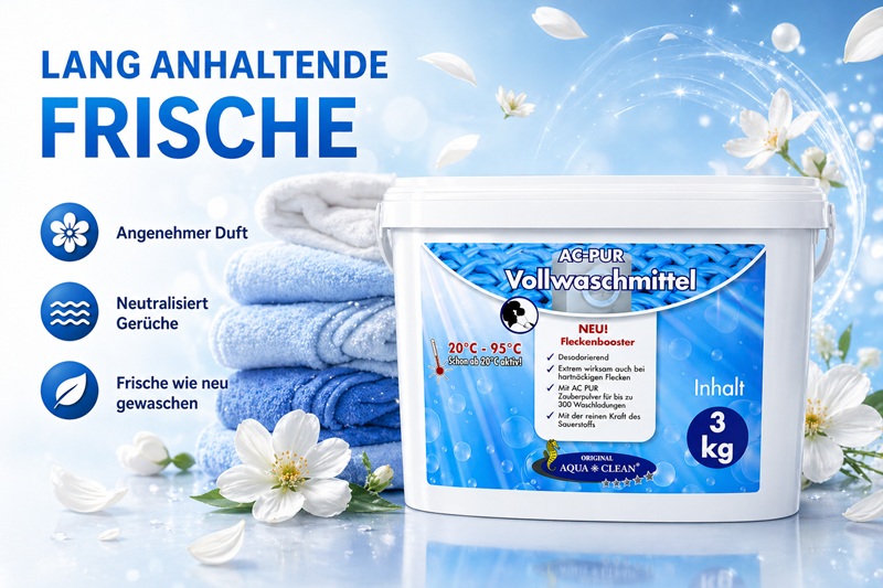 AC PUR Vollwaschmittel 3 kg sorgt für langanhaltende Frische, neutralisiert Gerüche und hinterlässt angenehm duftende, saubere Textilien