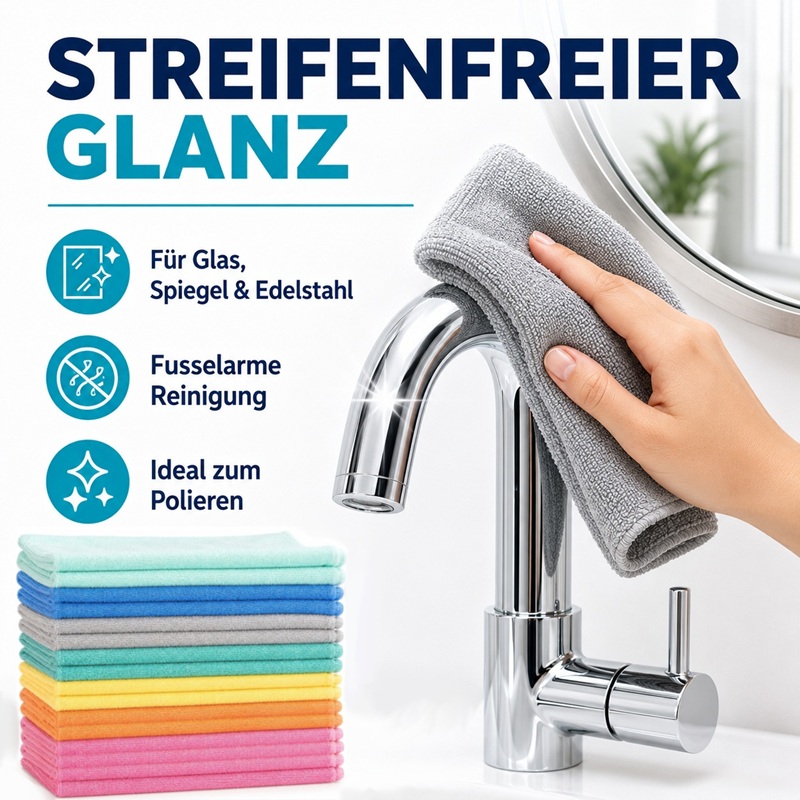 AQUA CLEAN Kristall Ultimo Mikrofaser Reinigungstüchern. Ein graues Tuch poliert eine glänzende Armatur. Links sind Vorteile wie fusselfarme Reinigung, streifenfreier Glanz und ideal zum Polieren dargestellt.