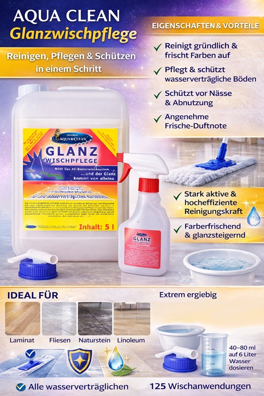 Infografik zur AQUA CLEAN Glanzwischpflege 5 L mit Sprühflasche, Anwendungstipps und Vorteilen für Laminat, Fliesen, Naturstein und Linoleum.