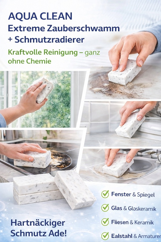 Anwendungs-Collage des AQUA CLEAN Extreme Zauberschwamms und Schmutzradierers bei der Reinigung von Fenster, Glaskeramik-Kochfeld, Fliesen, Edelstahl und Armaturen – entfernt hartnäckigen Schmutz ohne Chemie