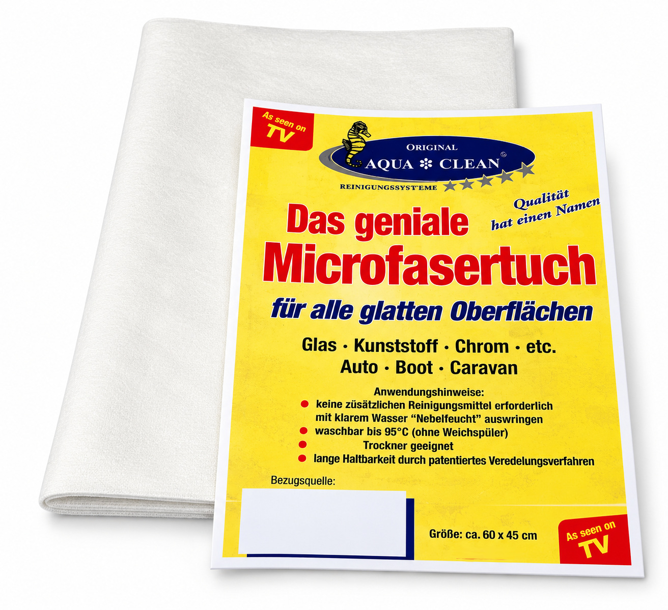 Weißes AQUA CLEAN Mikrofasertuch mit gelbem Original-Einleger für Glas, Kunststoff, Chrom, Auto und weitere glatte Oberflächen