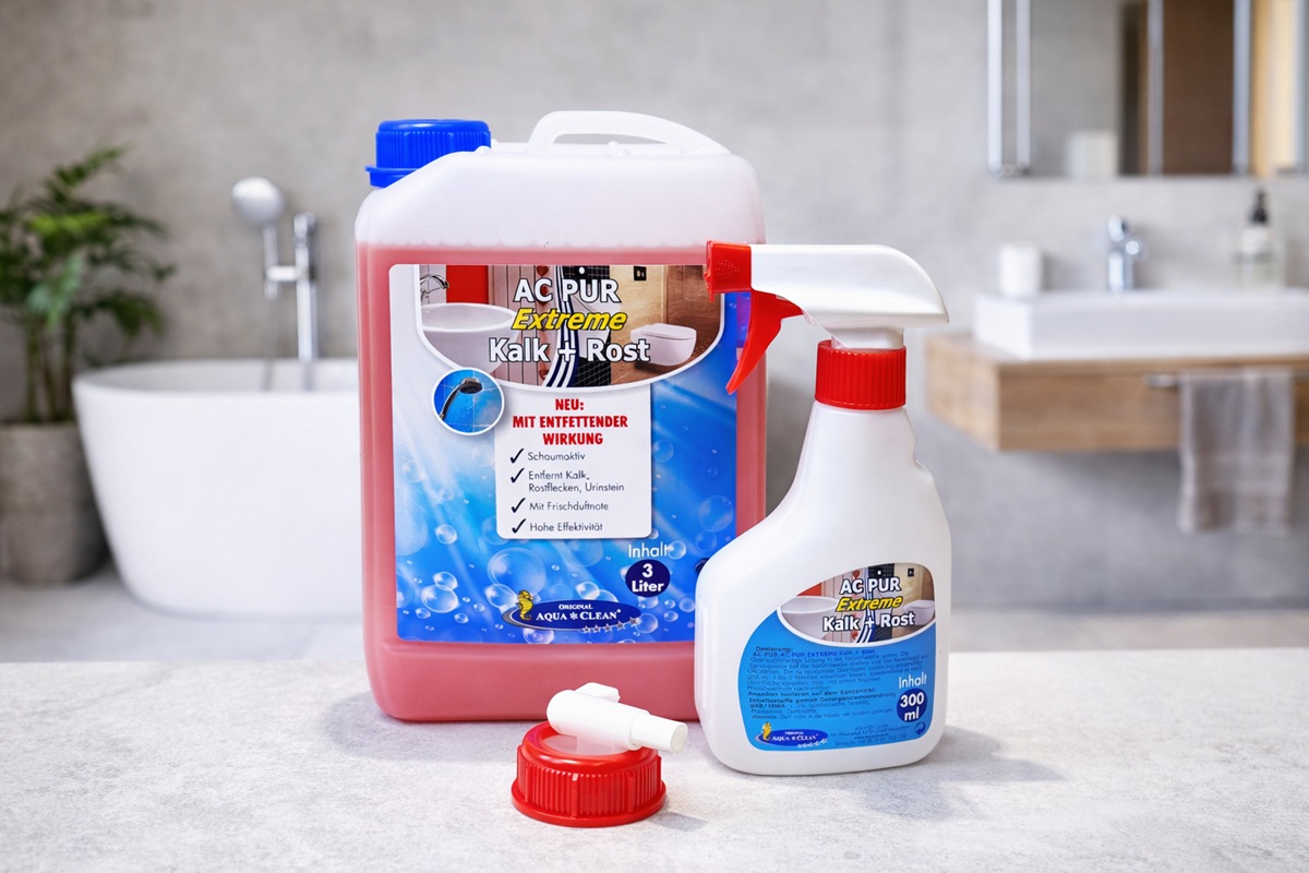 AC PUR Extreme Kalk- und Rostreiniger 3L Kanister und 300ml Sprühflasche im modernen Badezimmer – starker Badreiniger gegen Kalk, Rost und Urinstein