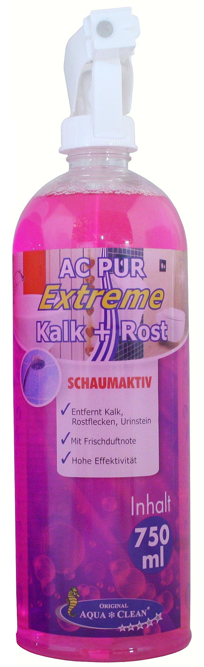 AC PUR Extreme Kalk + Rost Schaumaktiv in der 750-ml-Sprühflasche. Reiniger gegen Kalkablagerungen, Rostflecken und Urinstein.