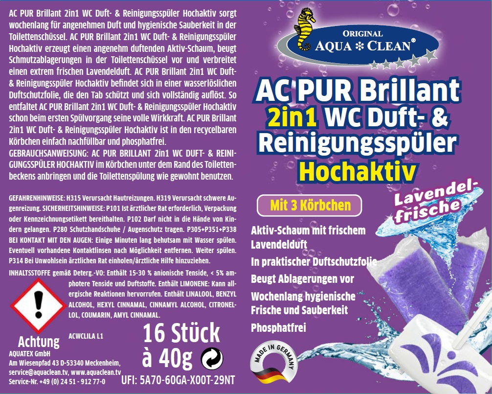 Produktetikett des AC PUR Brillant 2in1 WC Duft- und Reinigungsspülers mit Lavendelduft, 16 Stück à 40 g, Aktivschaum und Anwendungshinweisen.