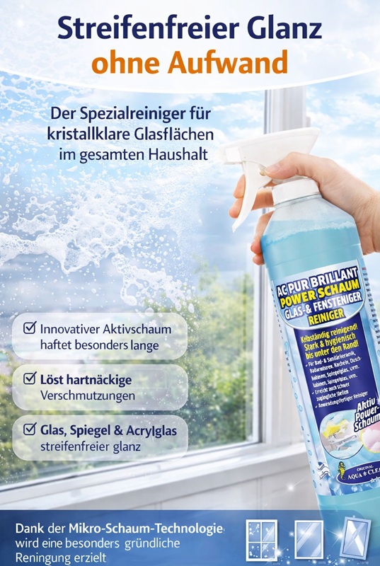 Produktbild eines Glas- und Fensterreinigers in Sprühflasche vor einer Fensterscheibe mit Reinigungsschaum. Der AC PUR Brillant Power Schaum sorgt für streifenfreien Glanz auf Glas, Spiegeln und Acrylglas und entfernt hartnäckige Verschmutzungen gründlich