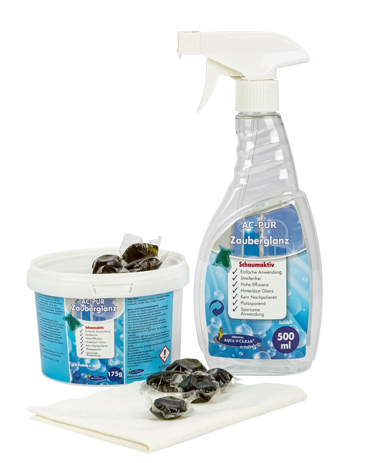 AQUA CLEAN PUR  Zauberglanz Schaumaktiv 35 Kapseln + Microfasertuch