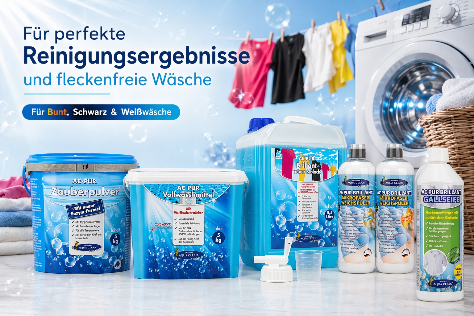 Waschmittel- und Wäschepflege-mit Vollwaschmittel, Fleckenentferner, Gallseife, Weichspüler und Waschzusätzen vor Waschmaschine und frischer Wäsche