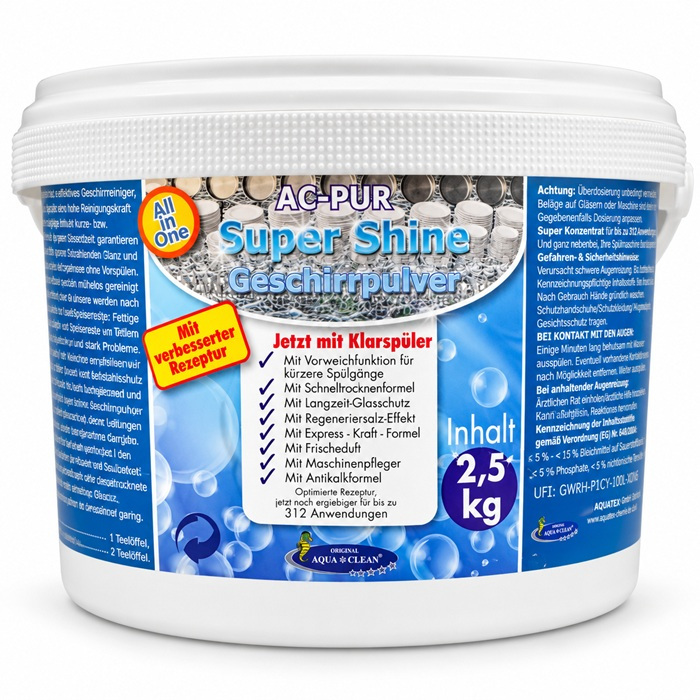 AC PUR Super Shine Geschirrpulver im 2,5-kg-Eimer mit Klarspüler, Regeneriersalz-Effekt und All-in-One-Reinigungsformel auf weißem Hintergrund.